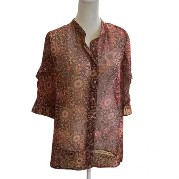 Johnny Was Jade Sheer Floral Top with Ruffles sleeves and Metallic threads Med - Picture 1 of 8